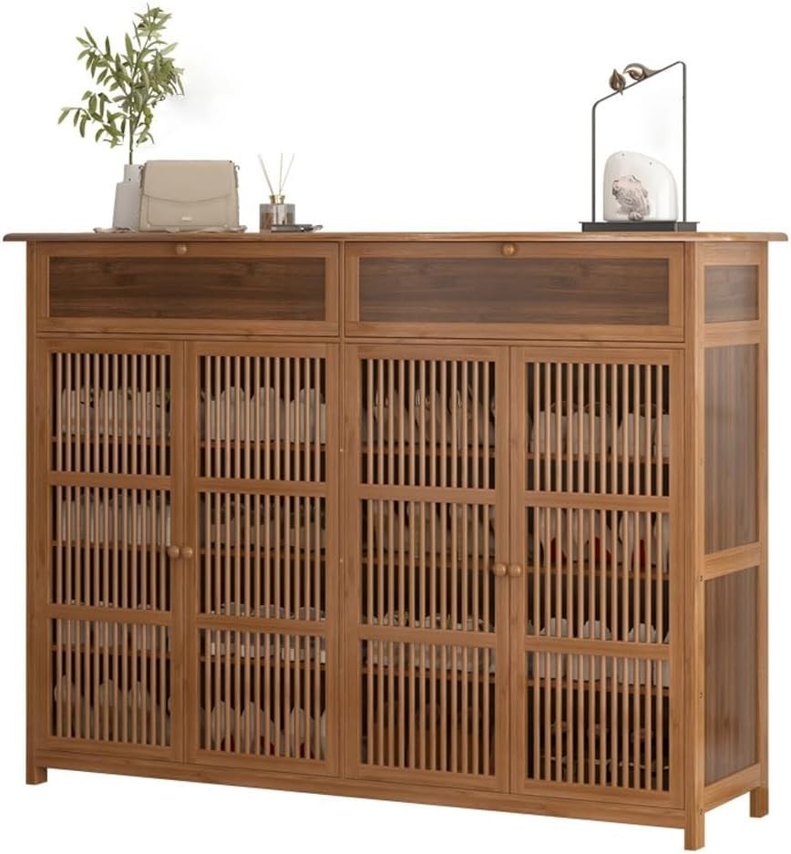 Large Bamboo Shoe Cabinet with Drawer & Ventilated Door, Holds 32 Pairs