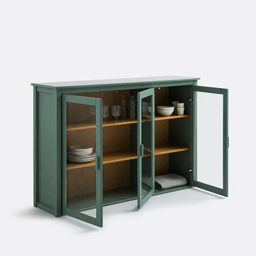 Solid Pine Glass Display Cabinet Sideboard Unit 160cm Green Storage Shelves