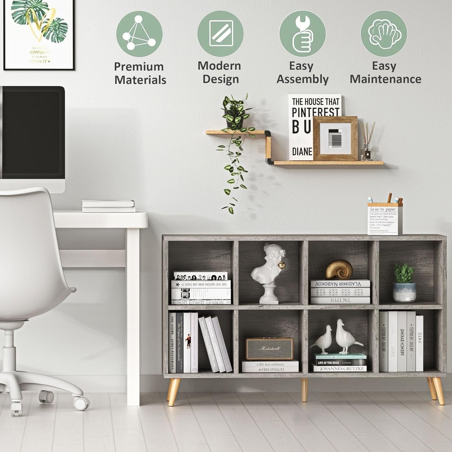 8 Cube Modern Bookcase with Legs Grey Oak Wooden Storage Shelf 120cm
