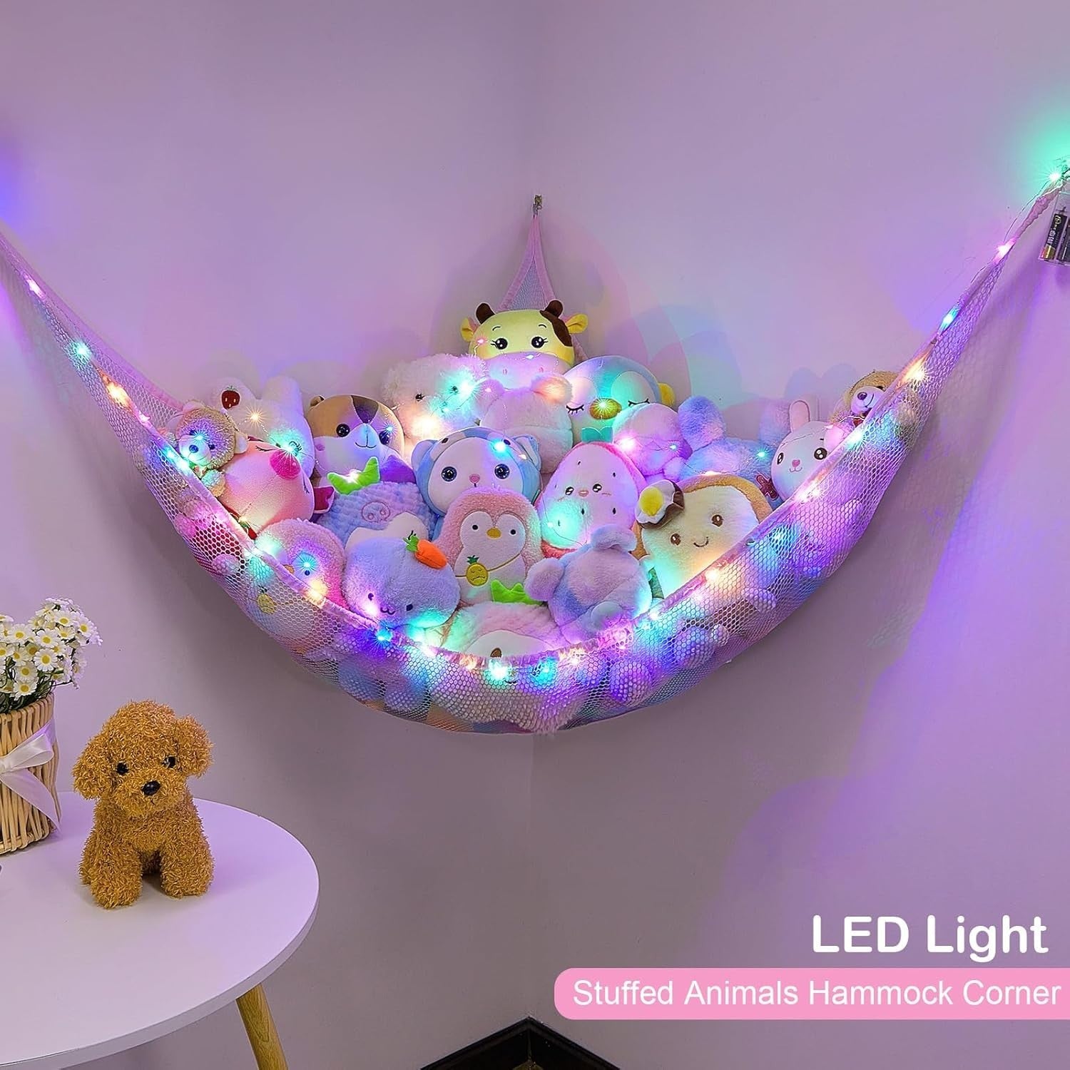 LED Toy Hammock Corner Net Storage – Kids Stuffed Animal Organizer