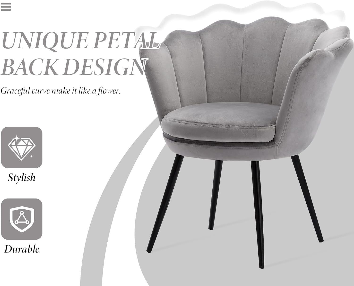 Grey Velvet Lounge Chair Gold Legs | Petal Back Armchair for Bedroom