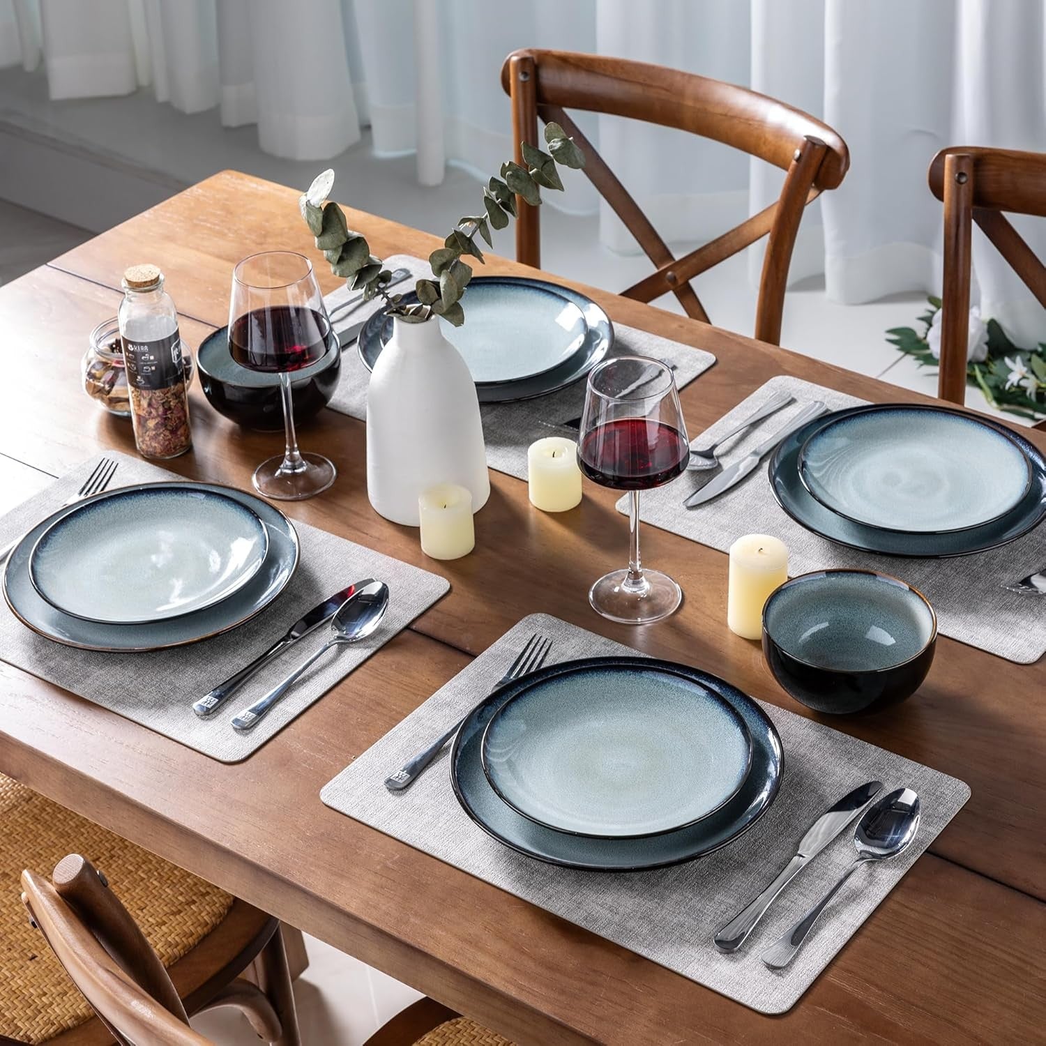 18 Piece Stoneware Dinner Set for 6 Ocean Blue Reactive Glaze Plates Bowls