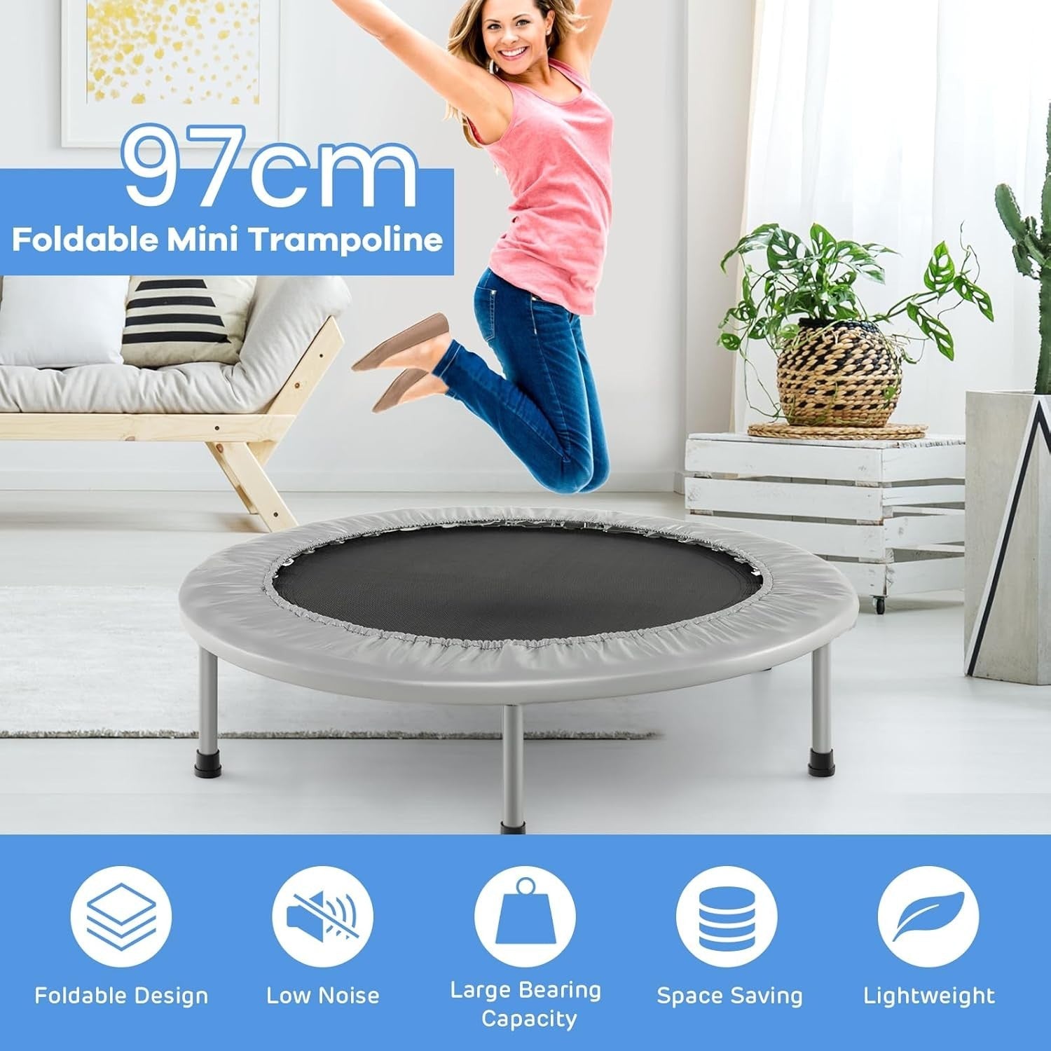 38'' Foldable Mini Trampoline Fitness Rebounder Indoor Outdoor Silver