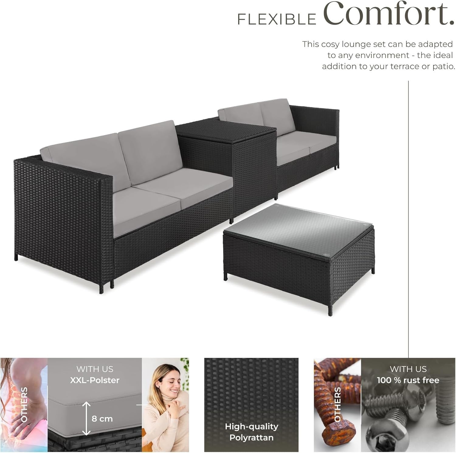 Black & Grey Rattan Garden Sofa Set with Thick Cushions & Storage Box