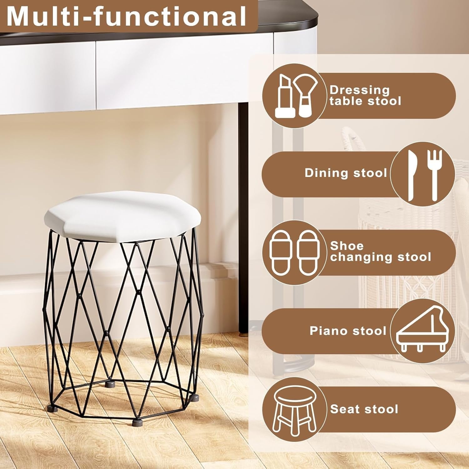 Black & White Velvet Vanity Stool Round Padded Dressing Table Seat Metal