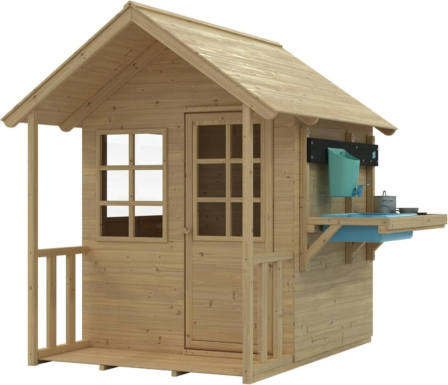 Wooden Kids Playhouse Cottage Outdoor Garden w Mud Kitchen Floor Veranda