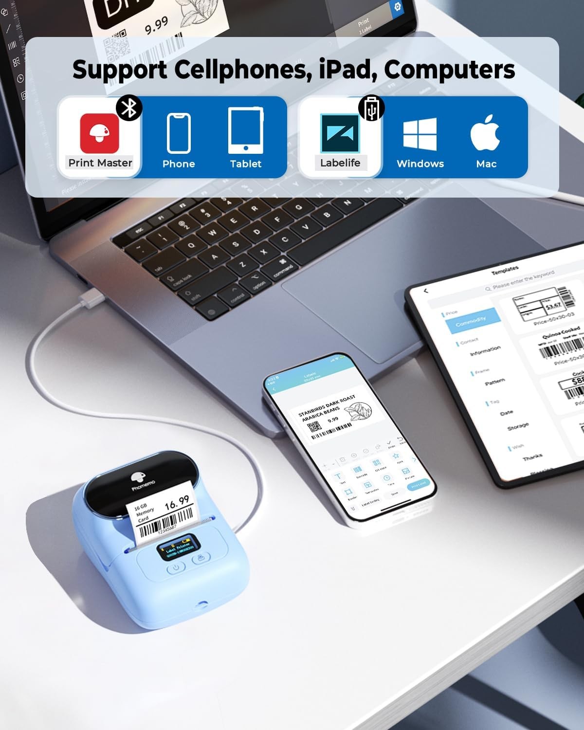 Bluetooth Thermal Label Printer 40x30mm Barcode Maker