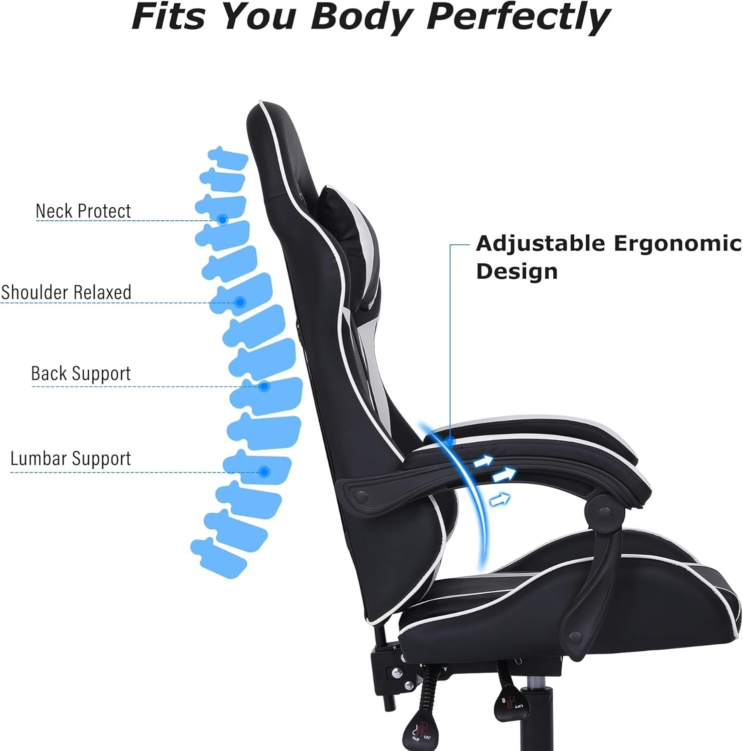 Ergonomic Gaming Chair w/ Lumbar Support Headrest Swivel White