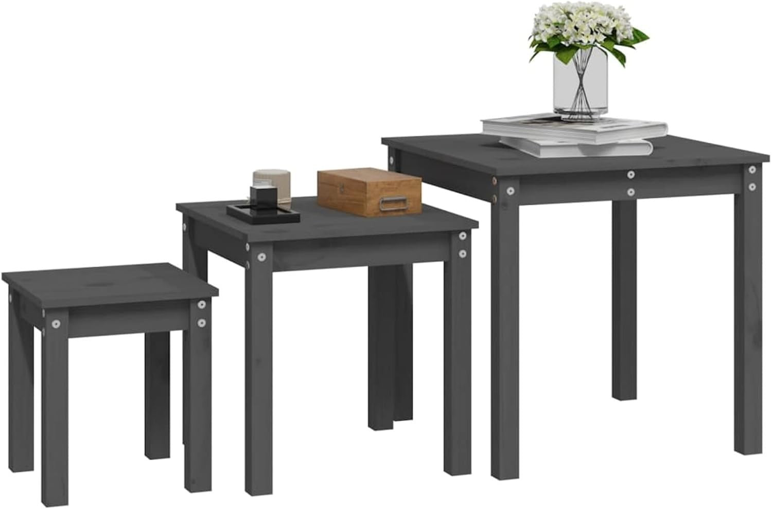 Grey Pine Wood Nesting Side End Tables Set of 2 Storage Living Room Furniture