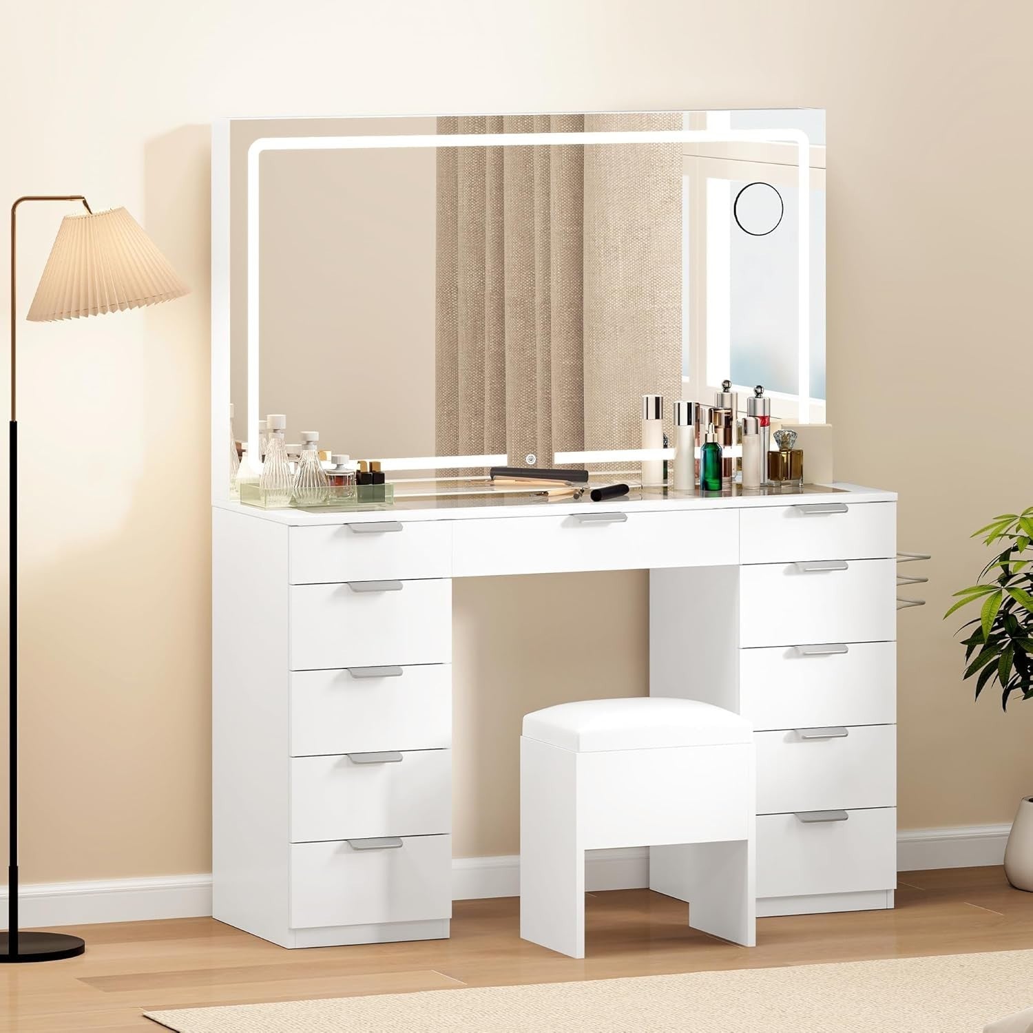 Makeup Vanity Table Glass Top 11-Drawer LED Mirror USB Charging Station White