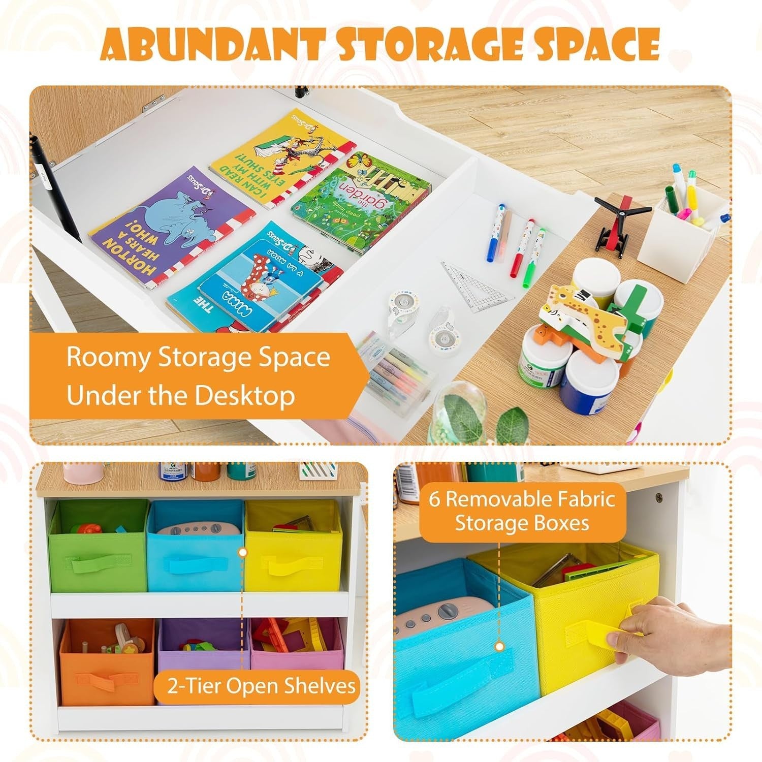 Kids Art Table and Chairs Set with Storage Box Paper Roller Drawing Desk 5 Cups