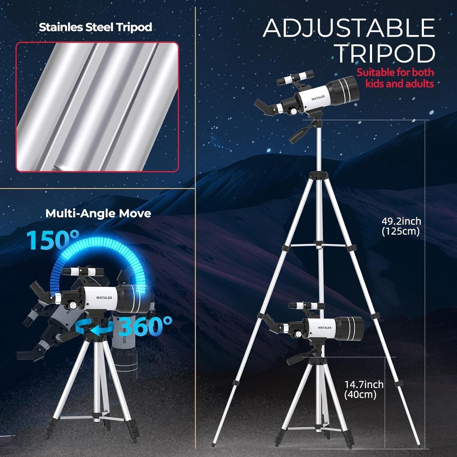 Beginner Telescope 70mm Refractor Astronomy Kit 15X-150X White Tripod
