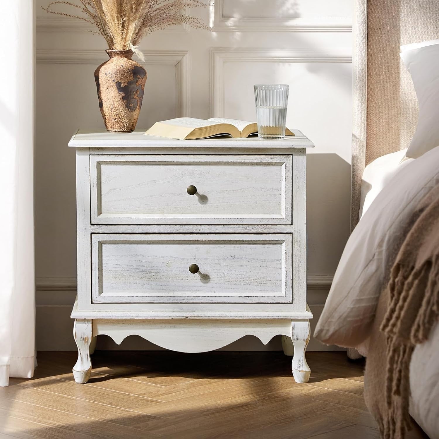 White Wooden Bedside Table with Drawers – Compact French Country Nightstand