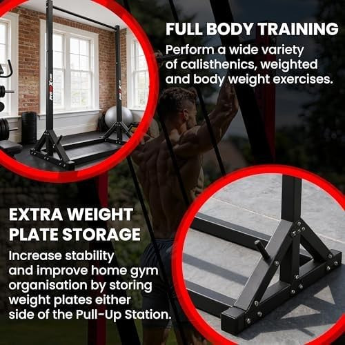 Grey/Red Adjustable Free Standing Pull-Up Bar Calisthenics Home Gym