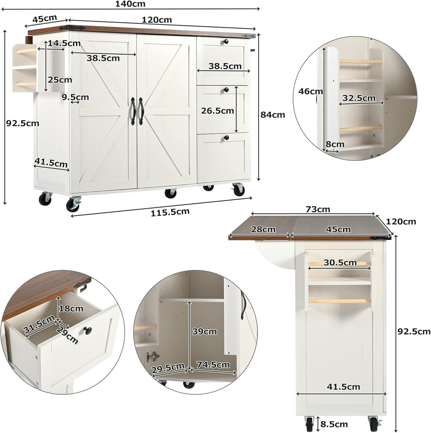 Kitchen Island Cart with Extendable Worktop, 2 Door Cabinet & 3 Drawers