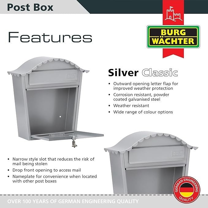 Secure Wall Mounted Lockable Post Box Silver Steel Weatherproof 36x37x13cm