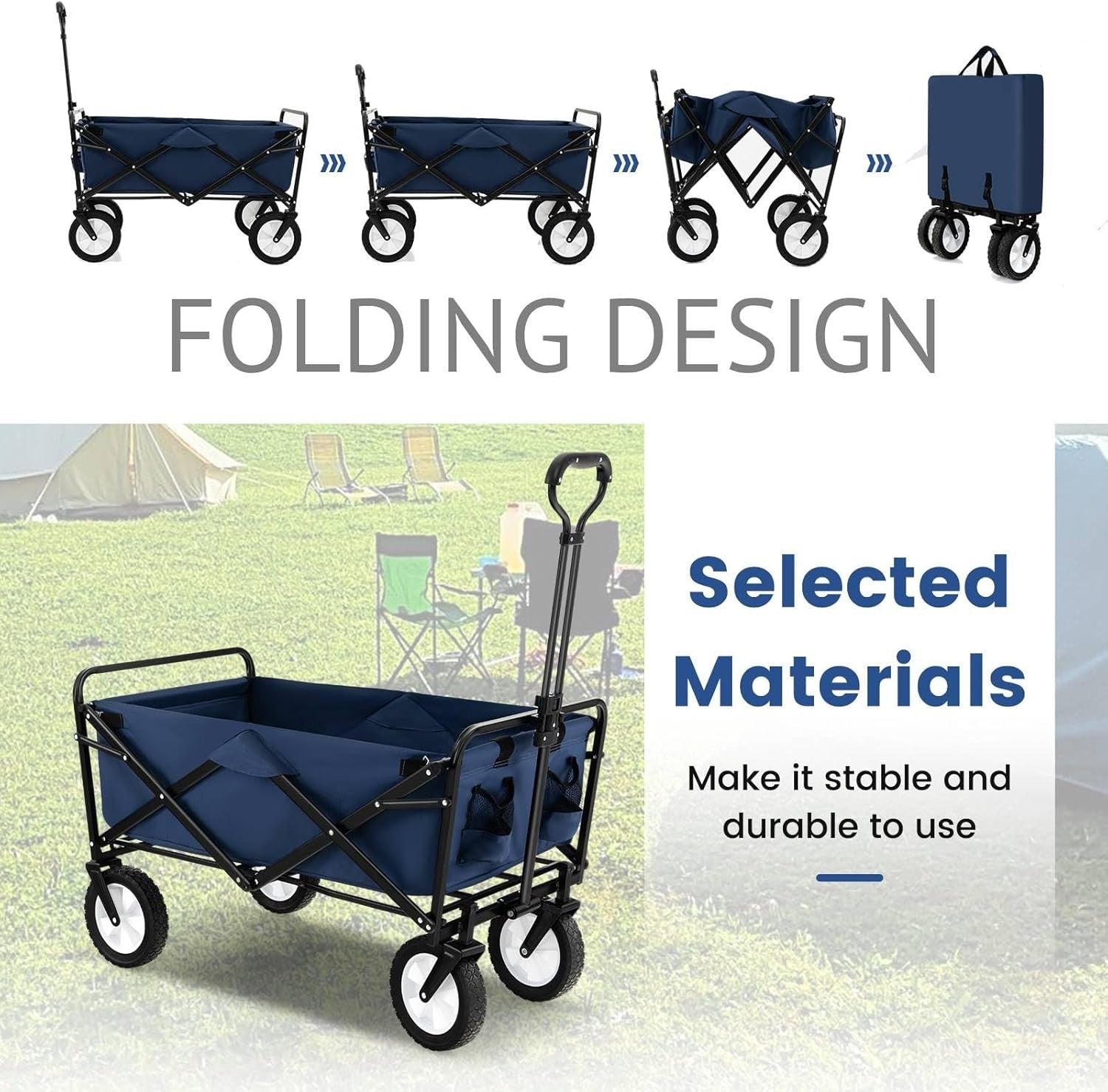 Folding Festival Trolley Wagon 82L Heavy Duty Cart All Terrain Wheels Navy