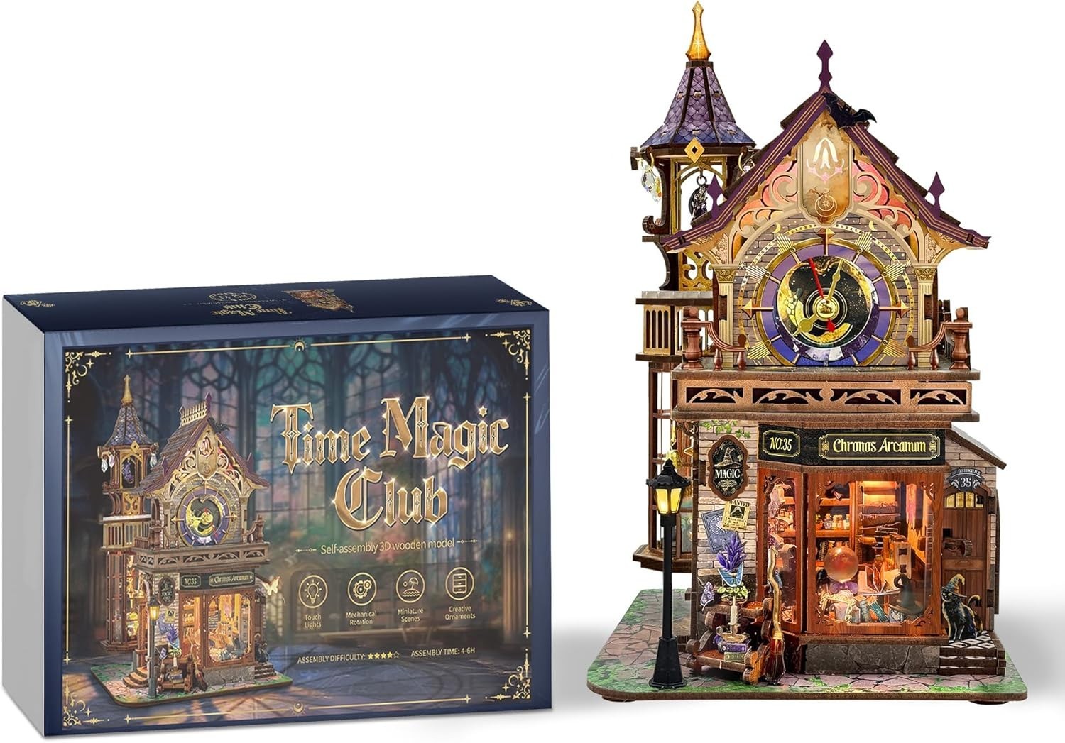 3D Wooden Magic Clock Tower DIY Miniature House Kit LED Music Box