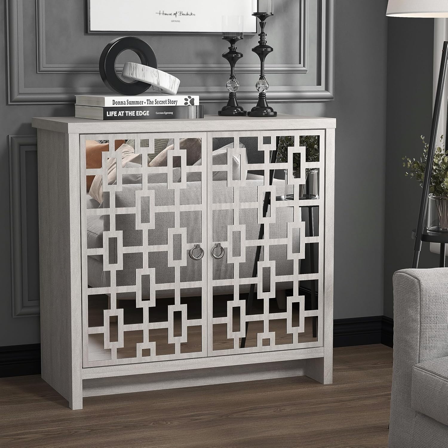 Grey Mirrored Sideboard 2 Door Cabinet Modern Storage Unit Hallway