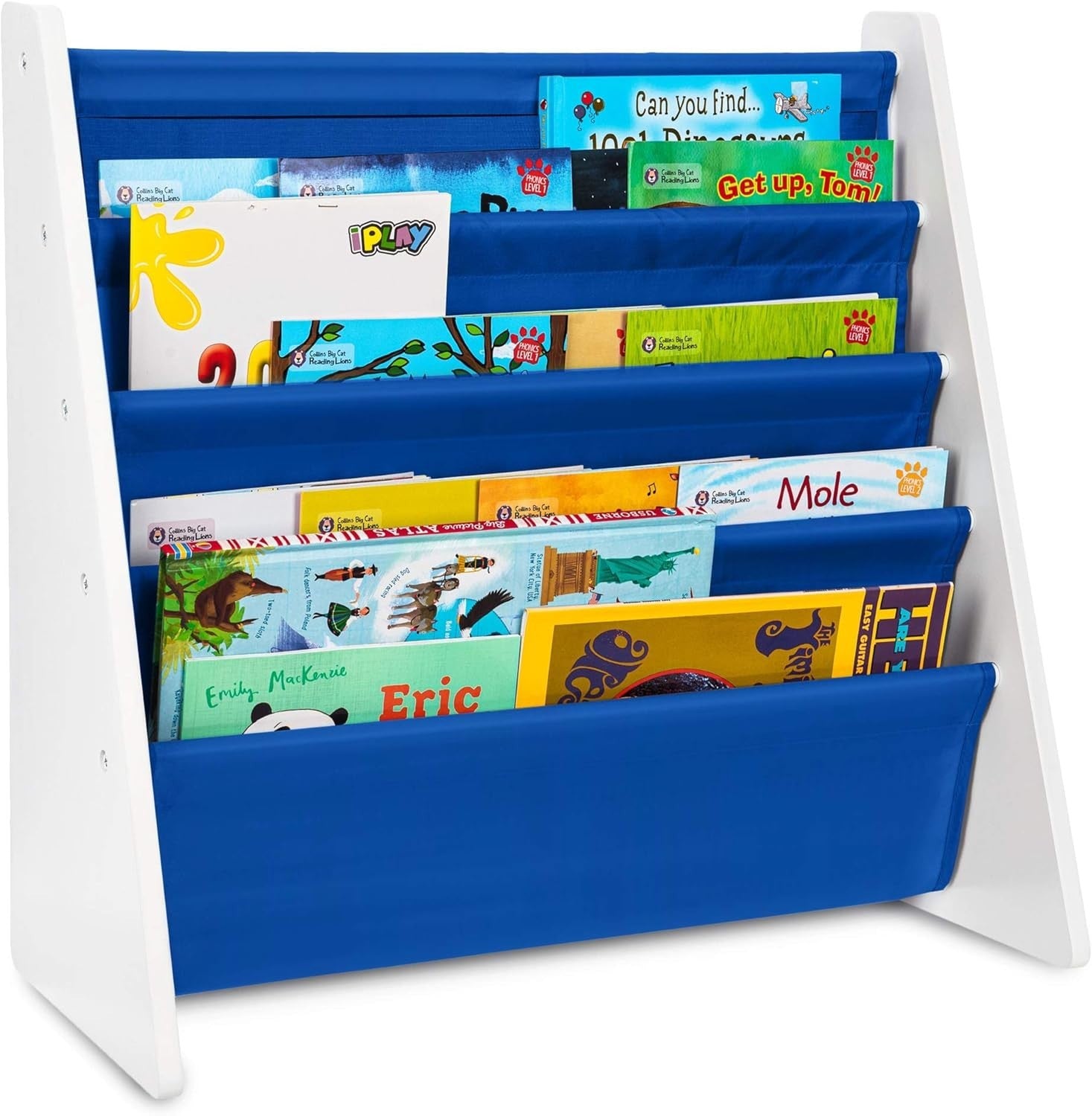 Kids Blue Sling Bookshelf – 4-Tier Wooden Book Storage with Nylon Fabric Shelves