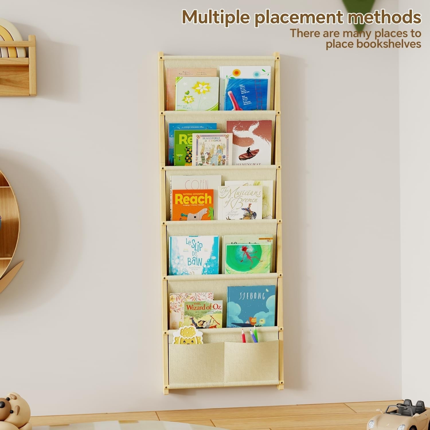 6-Tier Wall Mounted Kids Bookshelf Solid Wood Floating Book Rack Organizer