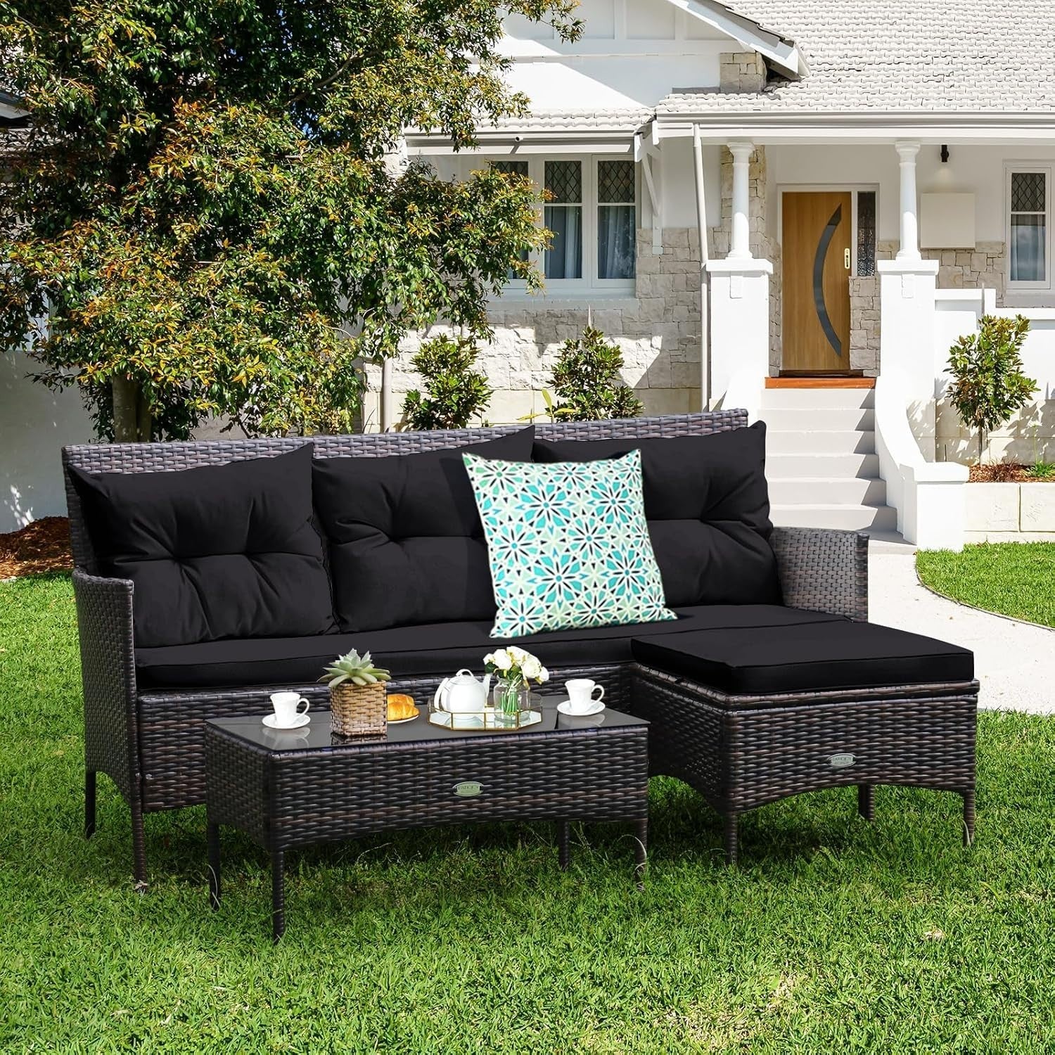 Black Rattan Corner Garden Sofa Set 4 Seater Patio Lounge Table Stool