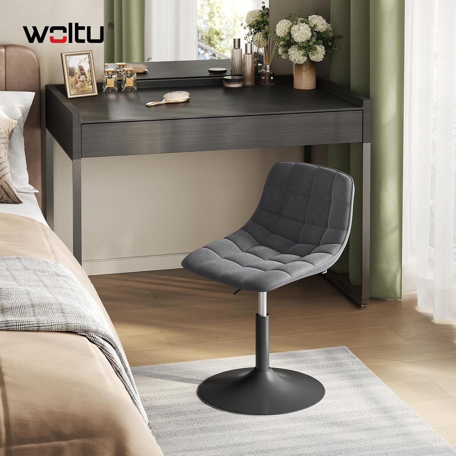 Dark Grey Velvet Swivel Vanity Stool Height Adjustable Dressing Chair