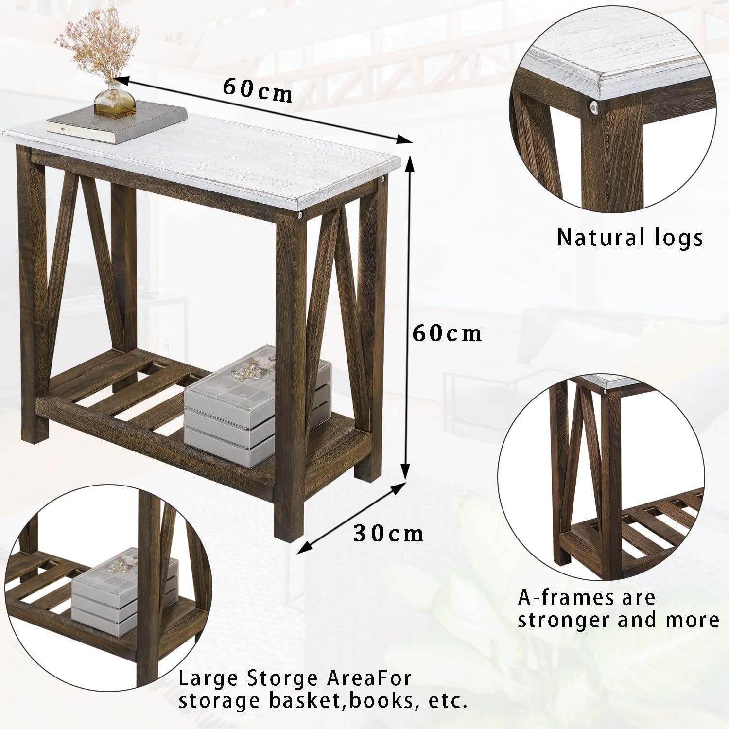 Rustic White & Brown Farmhouse Side Table with Storage Shelves, Compact Nightsta