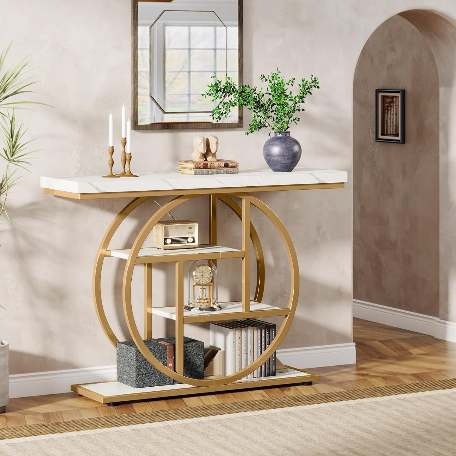 Industrial Console Table 4 Tier Shelf Narrow Entry Table w/ Circle Base