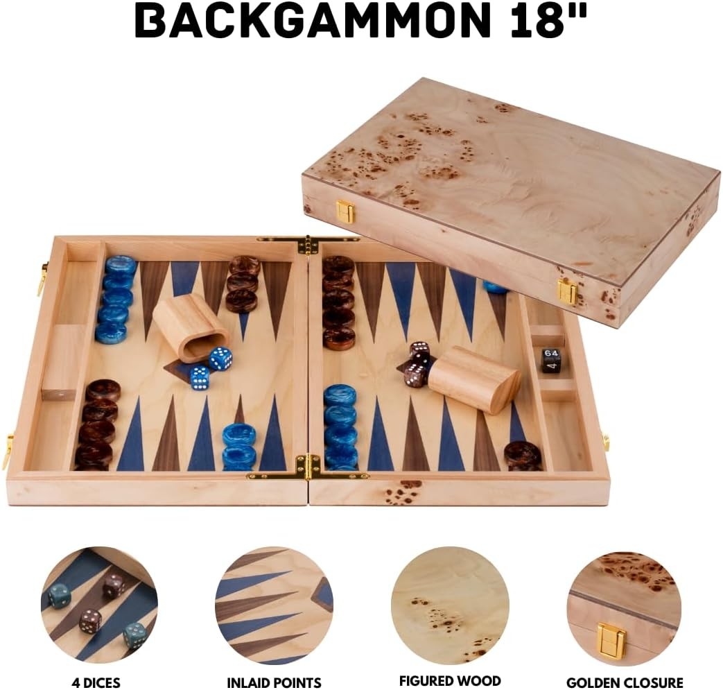 Luxury Wooden Backgammon Set 18 Inch Walnut Board Game with Dice Cups