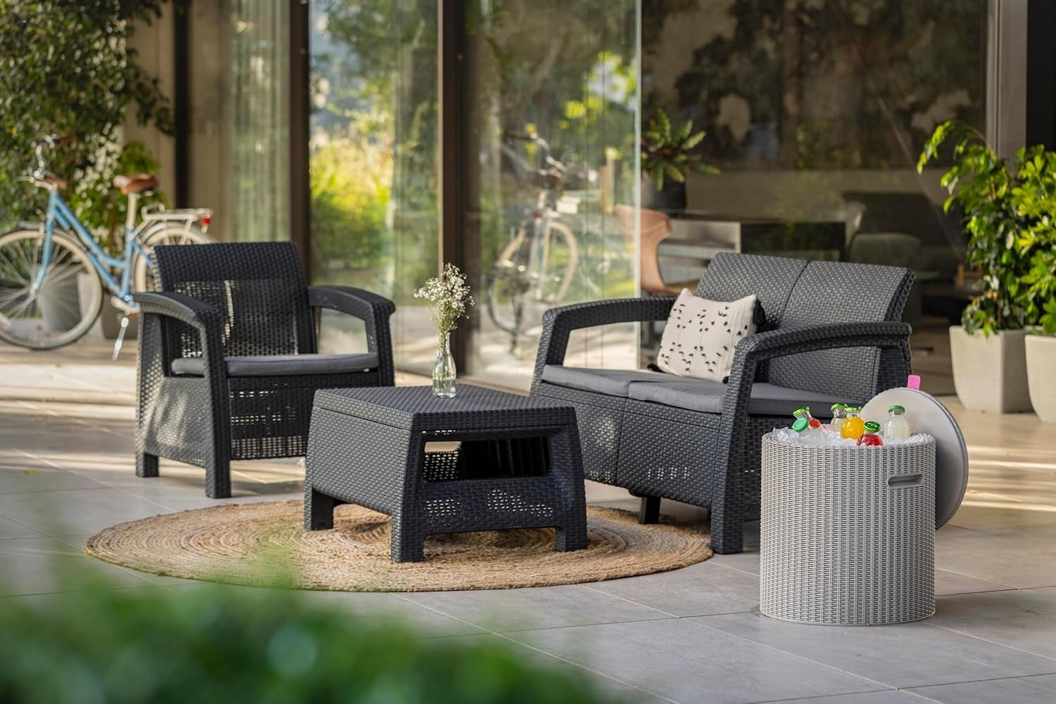 Outdoor 4-Seater Rattan Sofa Set with Cushions & Accent Table - Weatherproof