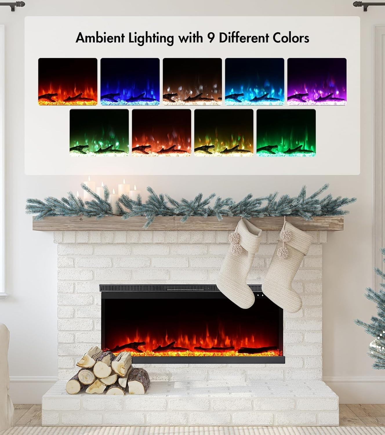 3-Sided Electric Fireplace 1800W Recessed Wall-Mount Flame Effect Black