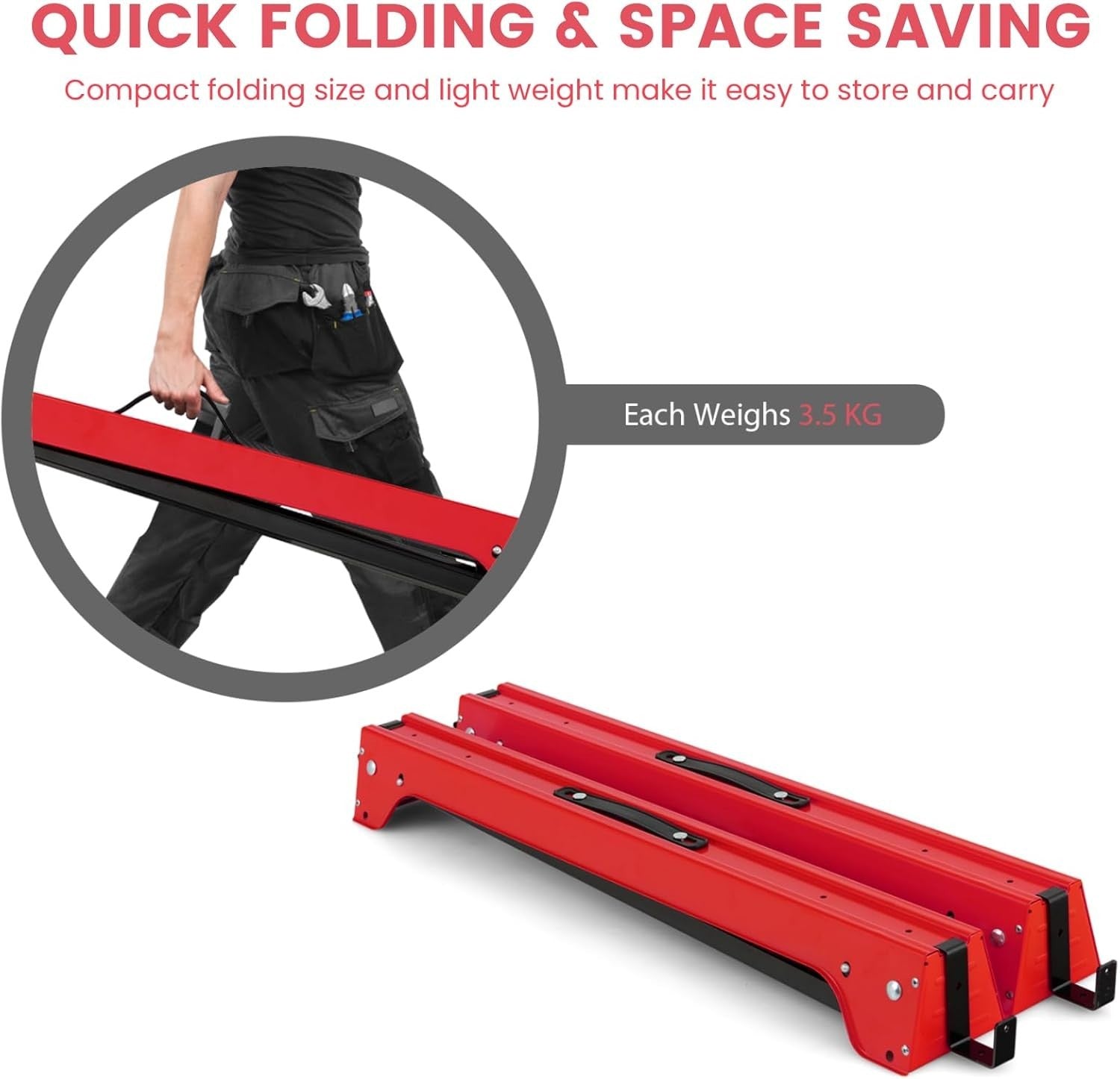 Red Folding Sawhorses 2-Pack Heavy Duty Steel 227kg Support Arms & Grip Top