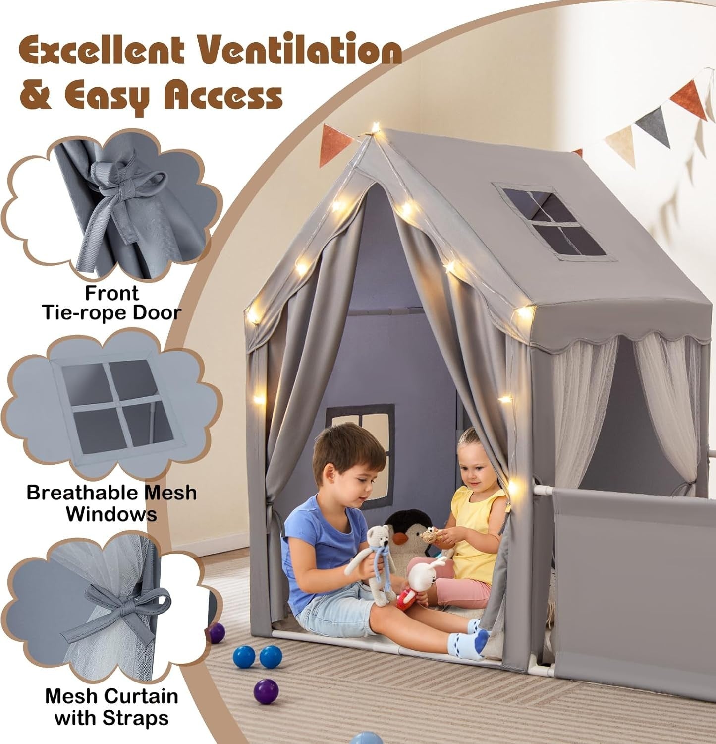 Large Kids Play Tent Grey Castle with Lights Mat Indoor Toddler Playhouse