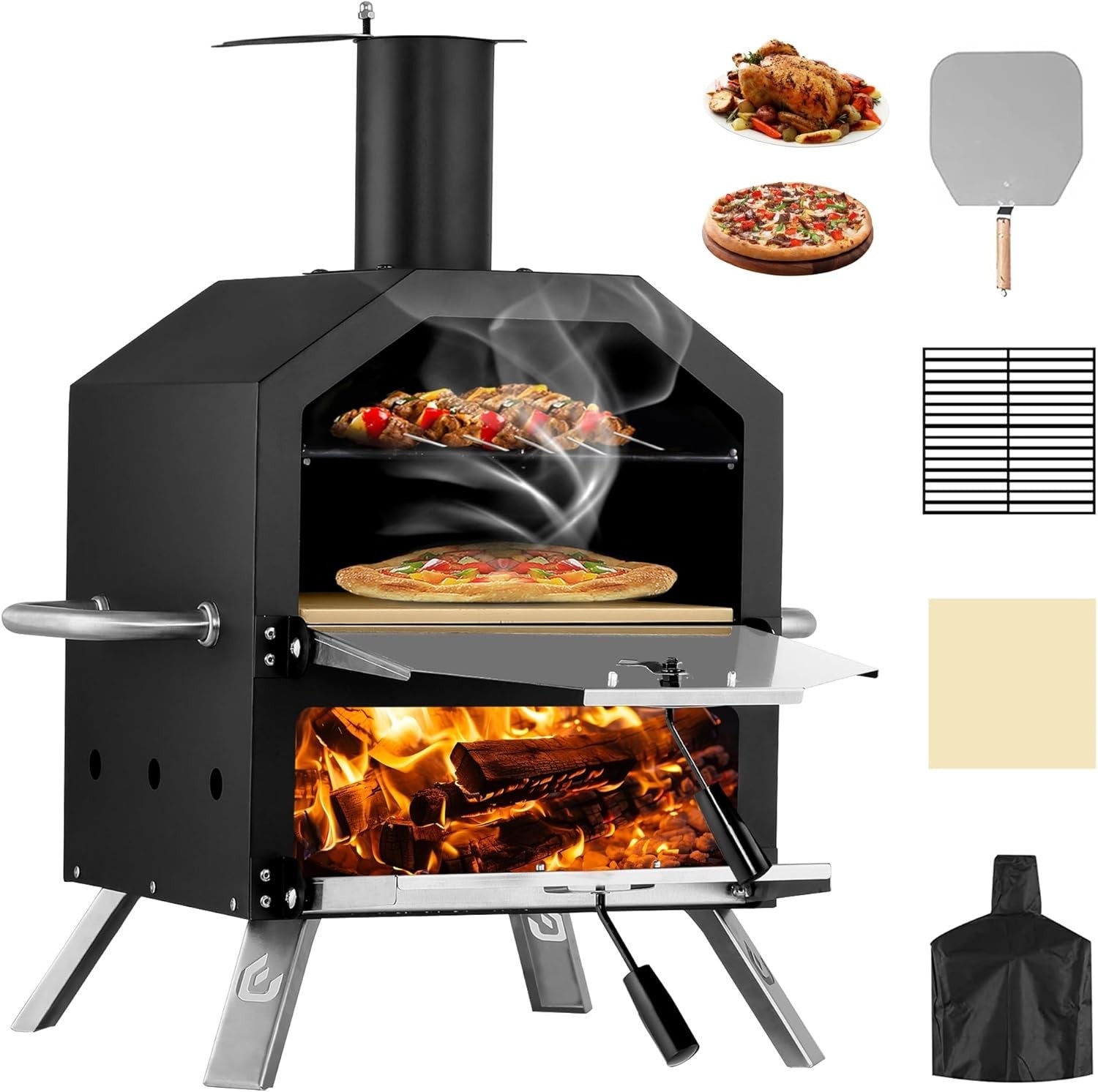 26" Outdoor Wood Fired Pizza Oven | 2-Tier BBQ Grill w/ Stone, Peel & Waterproof