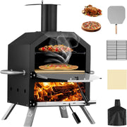 26" Outdoor Wood Fired Pizza Oven | 2-Tier BBQ Grill w/ Stone, Peel & Waterproof