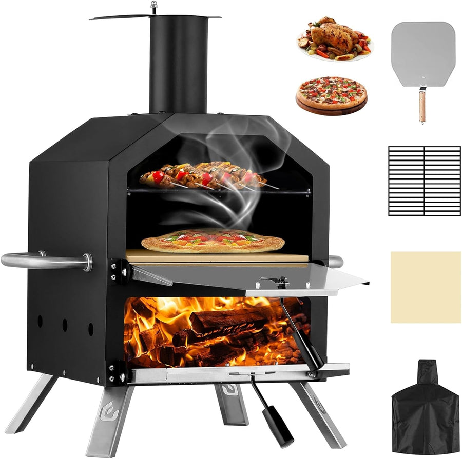 26" Outdoor Wood Fired Pizza Oven | 2-Tier BBQ Grill w/ Stone, Peel & Waterproof