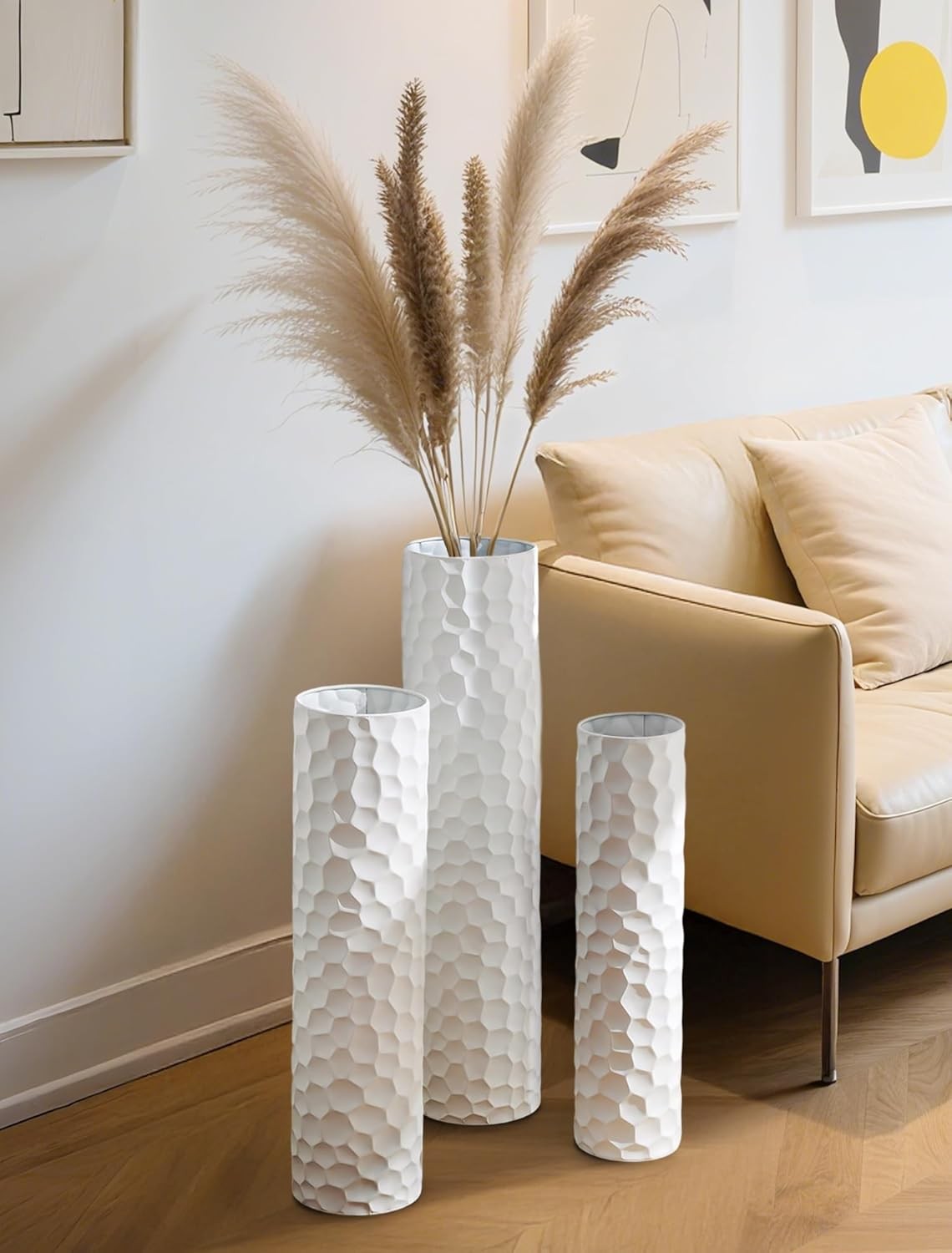 Tall White Metal Floor Vase Set Large Modern Pampas Grass Decor 3pcs
