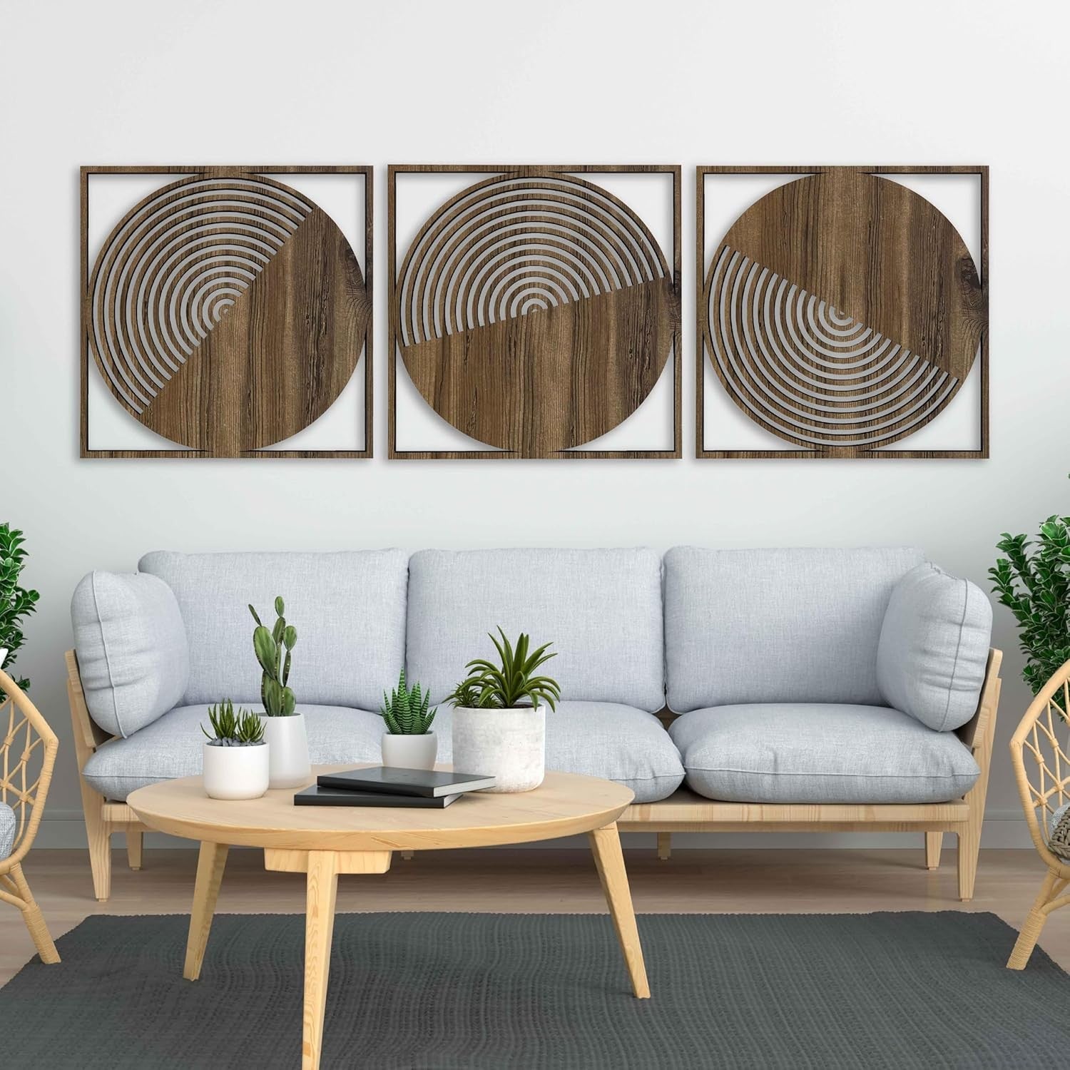 Set of 3 Round Wood Wall Art Boho Mid Century Decor