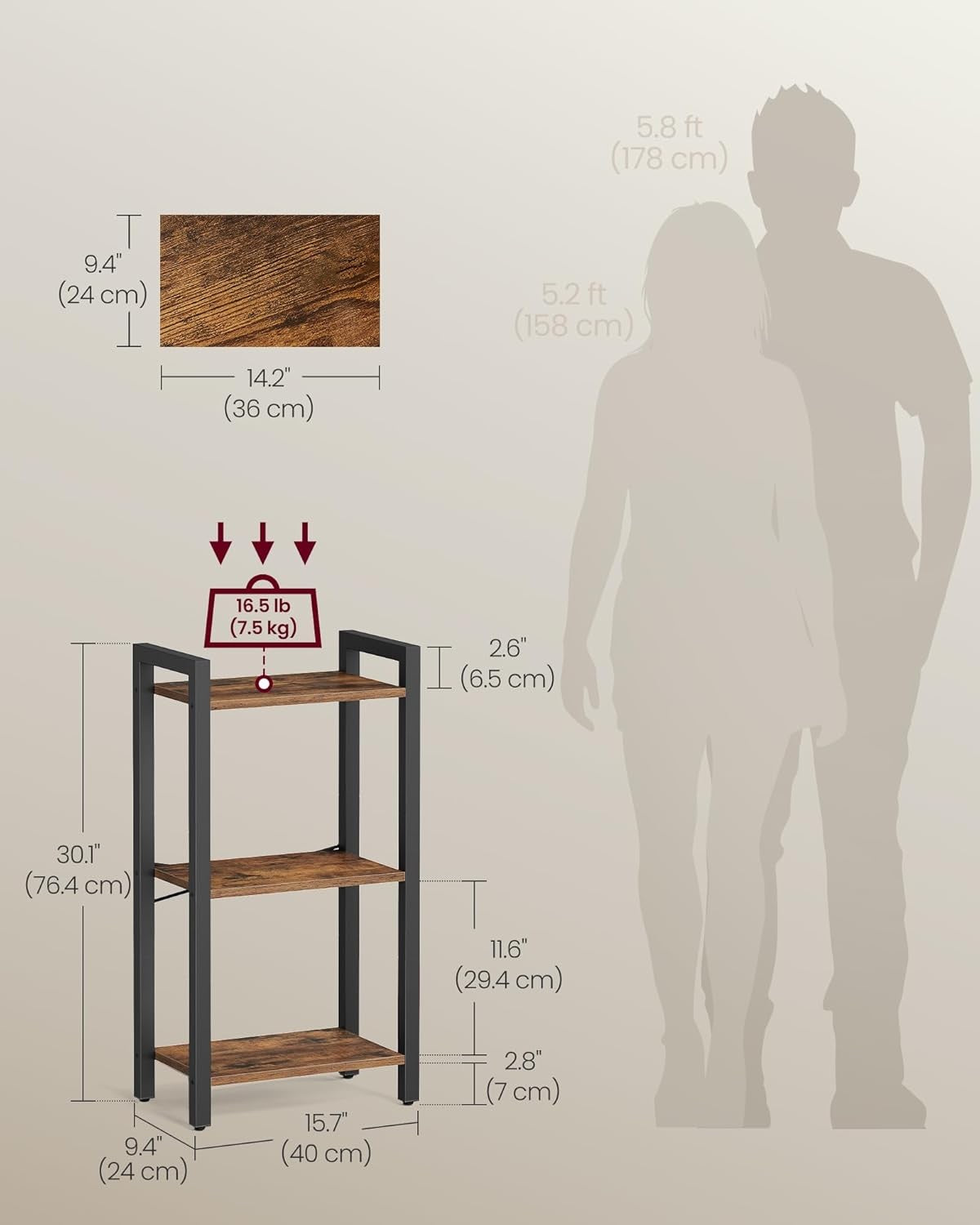 3-Tier Industrial Bookshelf – Rustic Brown & Black Metal Storage Shelf Unit