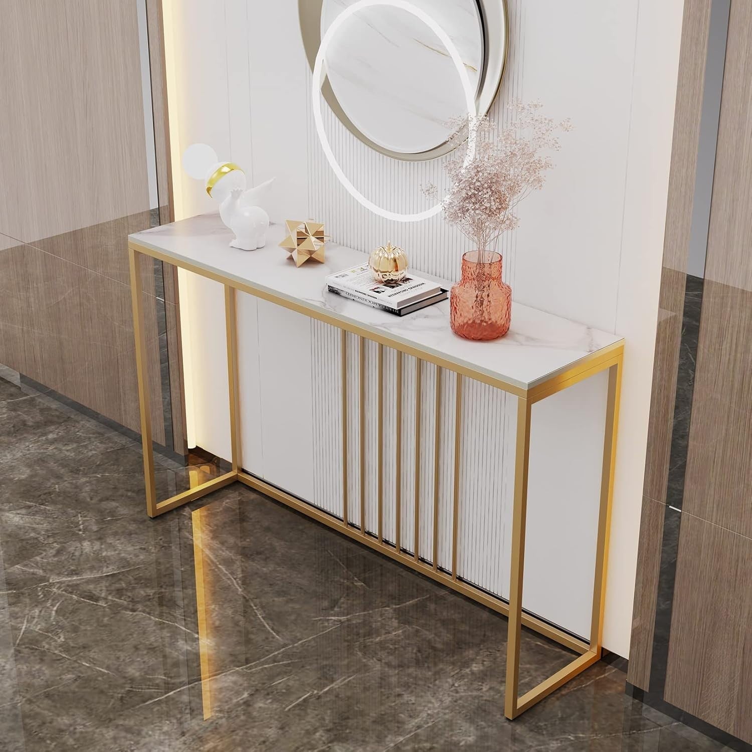 120cm White Marble Console Table – Gold Frame Slim Hallway Side Desk