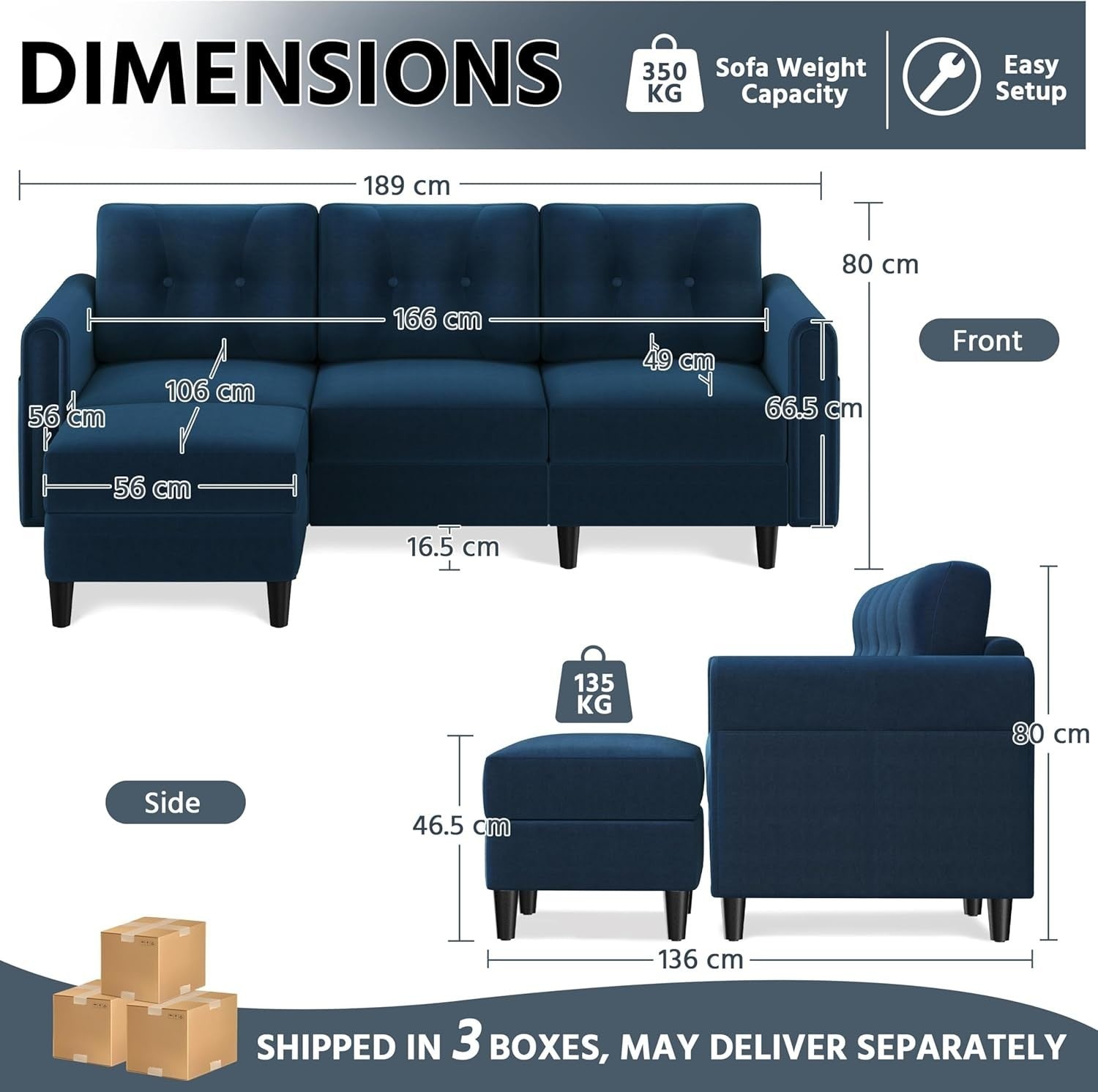 Velvet L-Shaped Corner Sofa with Ottoman 3-Seater Chaise for Small Spaces