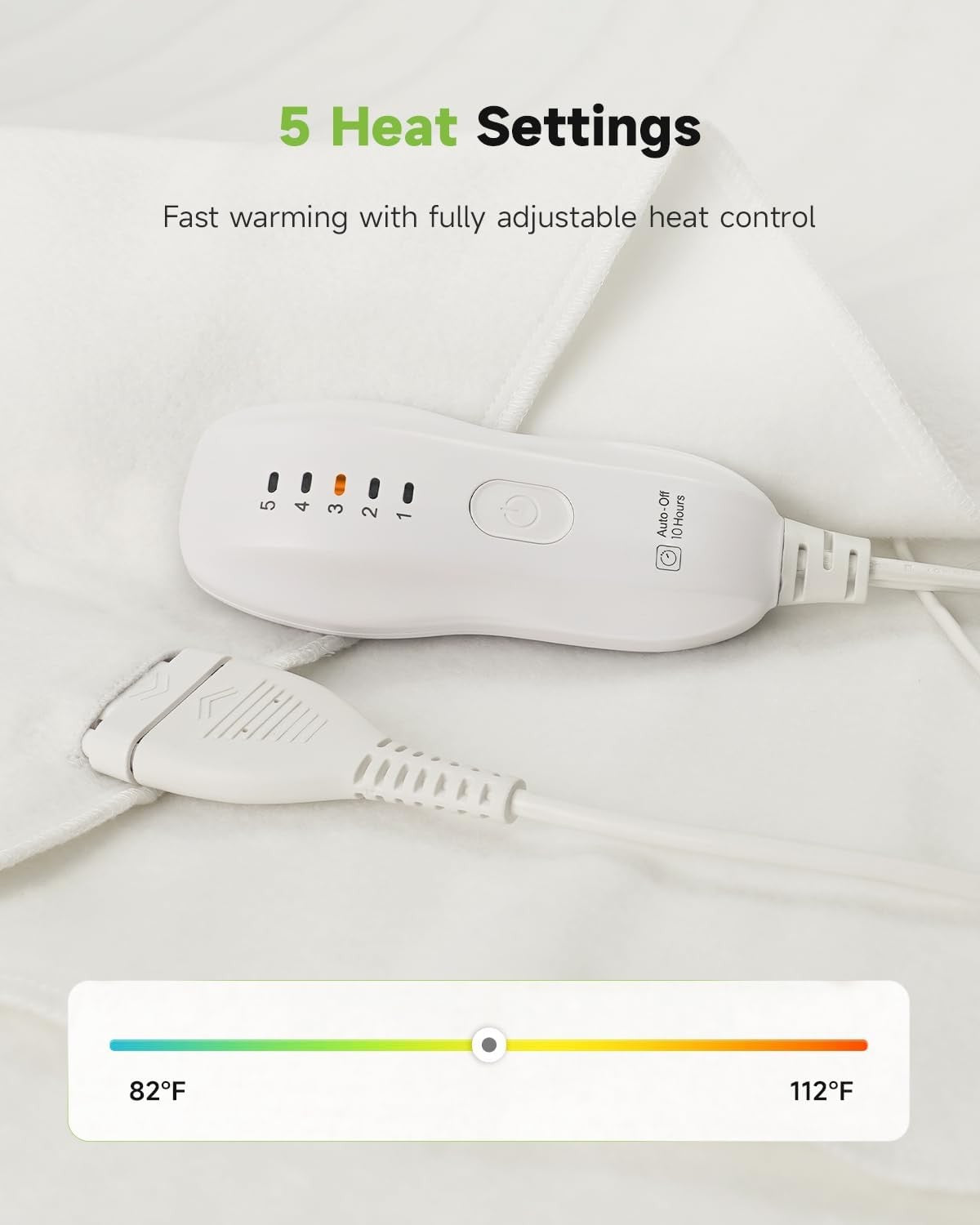 White Electric Heated Underblanket King Dual Control 5 Heat Levels Auto Off