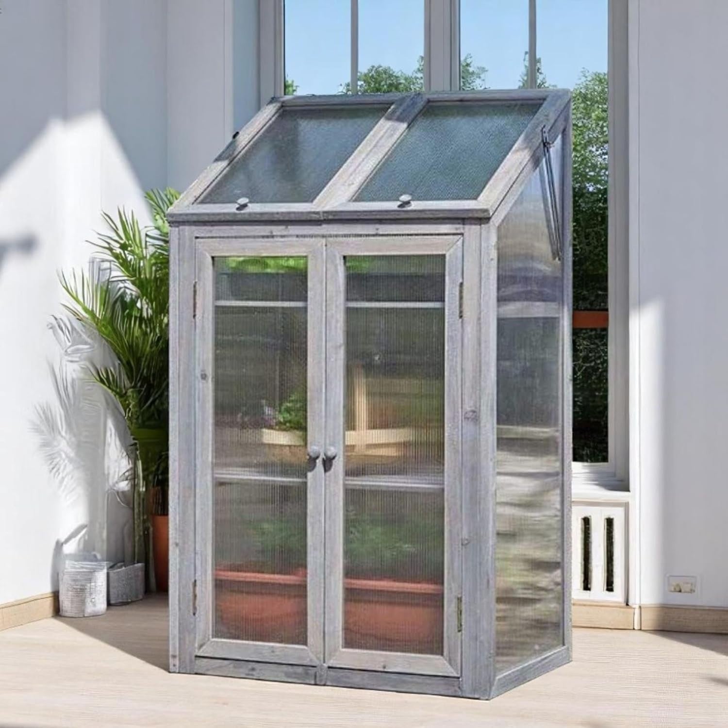 3 Tier Wooden Greenhouse Grey Cold Frame with Double Doors & Skylight