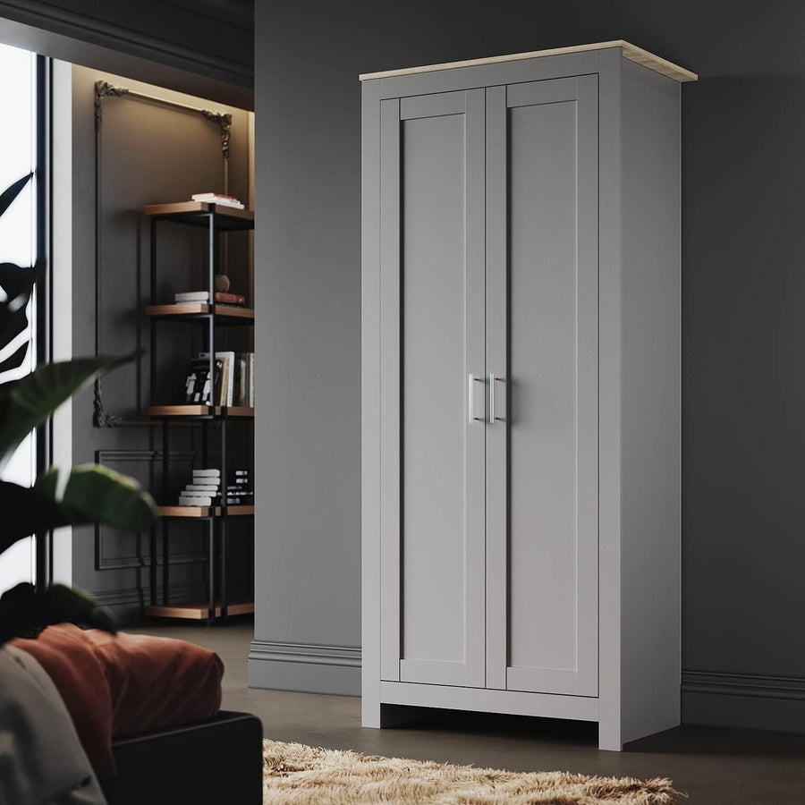 Grey Oak 2-Door Wardrobe with Hanging Rail & Soft-Close Doors - Bedroom