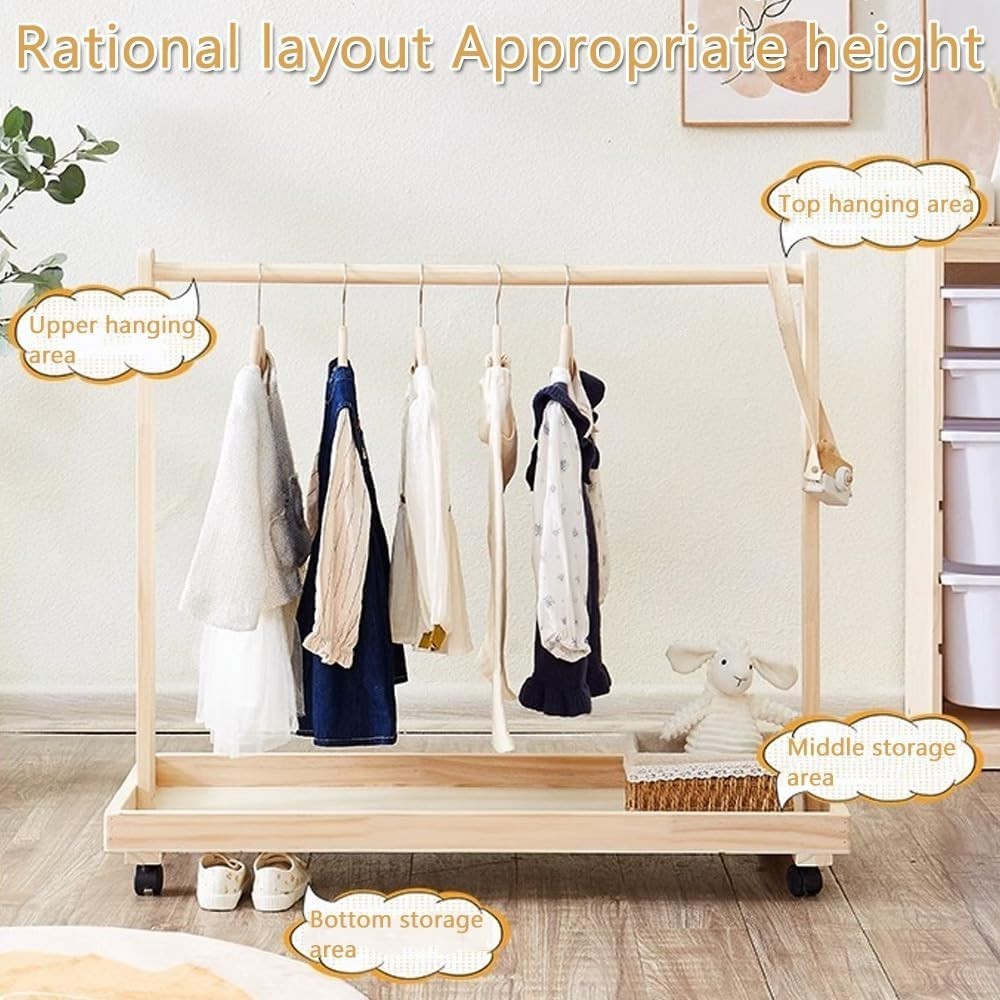 Kids Clothes Rack with Wheels, Wooden Toddler Stand Natural