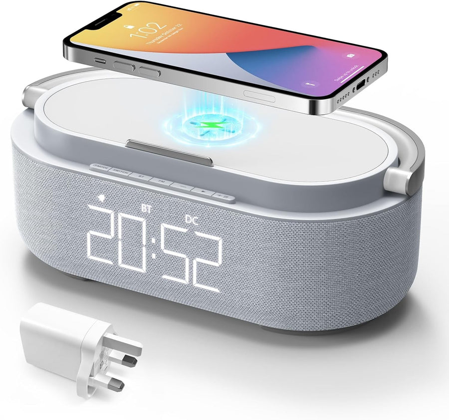Bluetooth Alarm Clock Wireless Charger Speaker FM Radio Loud