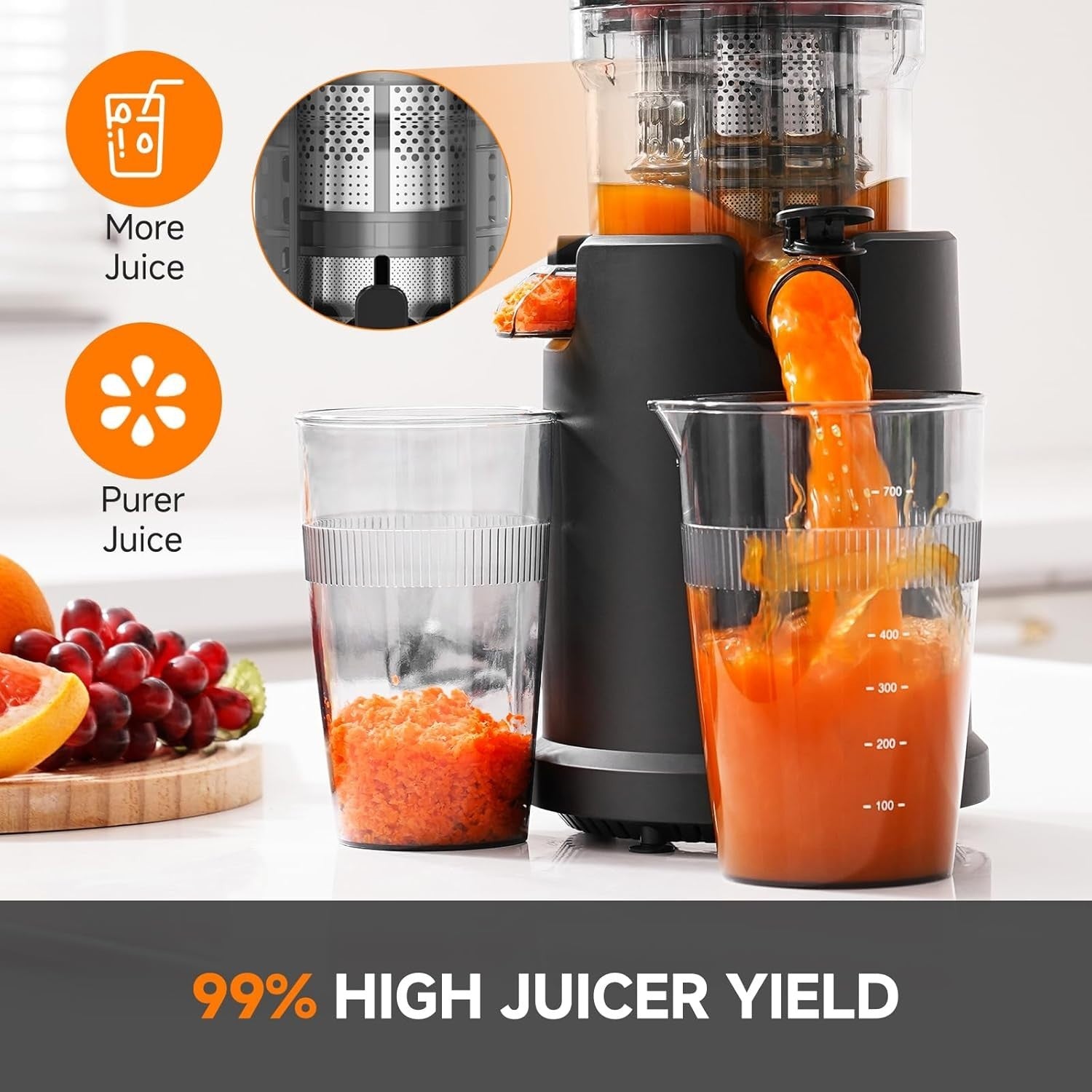 Cold Press Juicer 135mm Wide Chute Whole Fruit Slow 200W High Yield Safe