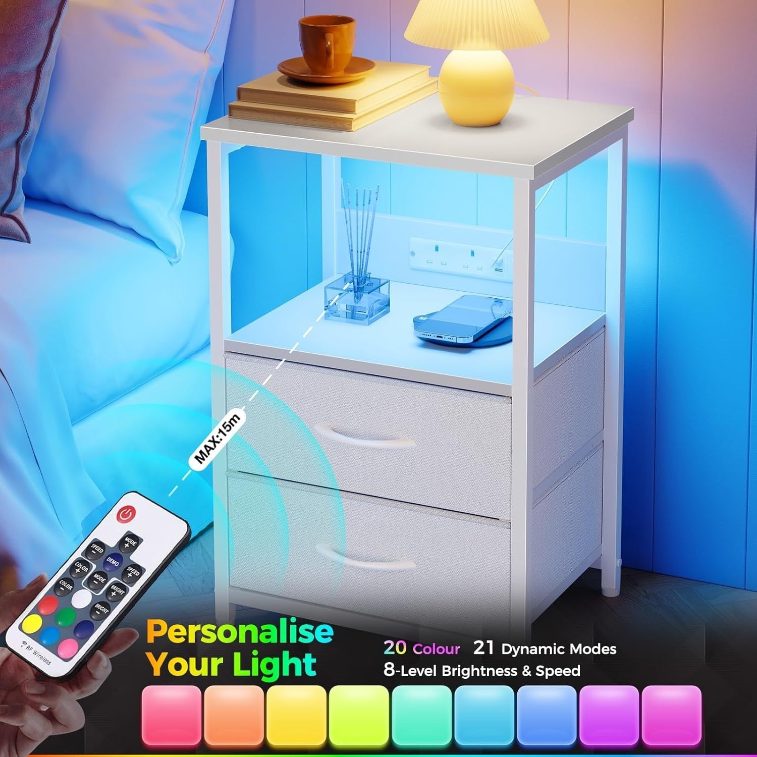 Set of 2 LED Bedside Tables with Charging Station & Drawers | Smart Nightstands