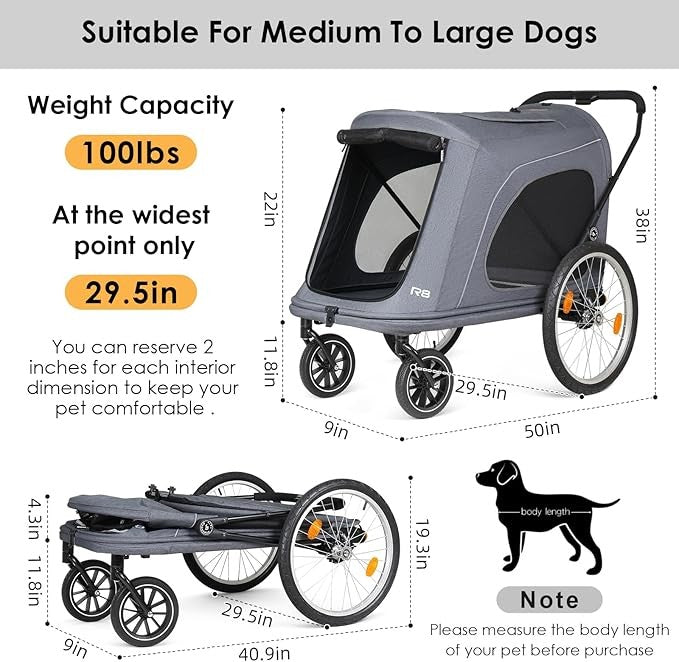 4 Wheel Large Dog Stroller Foldable Heavy Duty Pet Pushchair Trailer 100lb